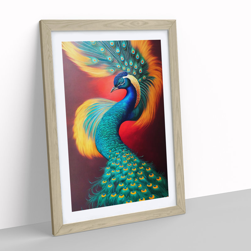 Bold Peacock Art No.2 - Wall Art, 66cm H x 48cm W x 2cm D, Oak Framed, White