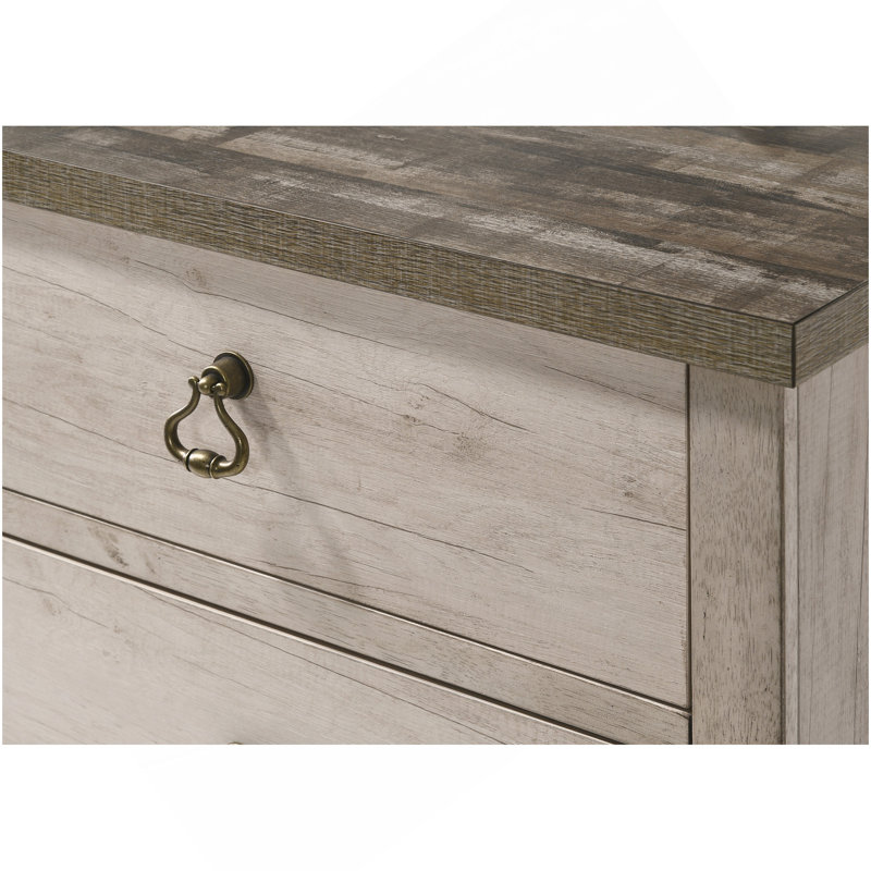 1Pc Cottage Style Distressed 5 Drawer Chest Driftwood Finish Contrasting Weathered Brown Top Traditional Ring Pull Hardware Wooden