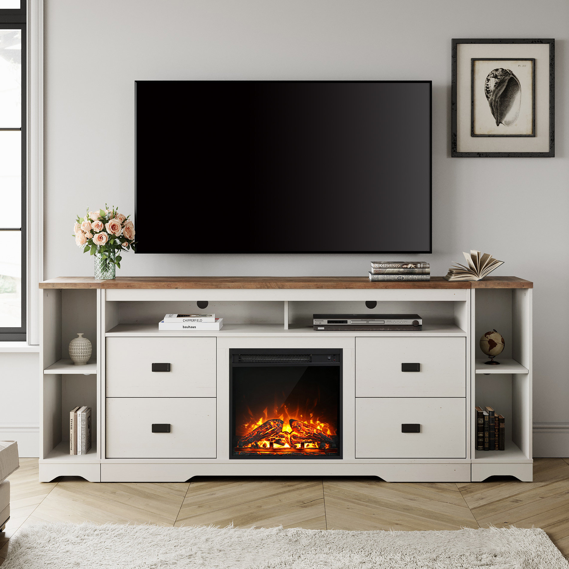 TV Stand With Built-in Mount & 9 Fabric Drawers - Height Adjustable For 32-85 Inch TVs, Media Console With Storage