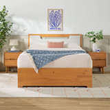 Mid Century Modern Solid Wood Queen Storage Bed With 2 Drawers