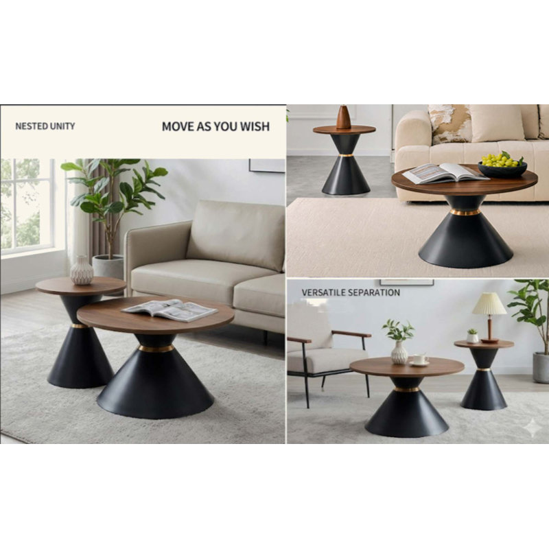 Ensemble de tables basses rondes 2 pièces à la mode, comptoir texturé en noyer avec base en métal stable, table d'appoint facile à nettoyer dans le salon et la chambre à coucher