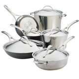 Anolon Nouvelle Copper Stainless Steel & Hard Anodized Nonstick Cookware Pots & Pans Set, 11 Piece, Silver & Black