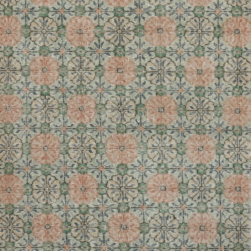 Tapis vert rétro fait à la main avec motif floral et bordure rouge uni