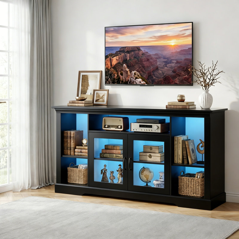 Meuble télé pour téléviseur de 70 po ou moins avec tablettes ouvertes et gestion des câbles, Noir, noir, noir, noir