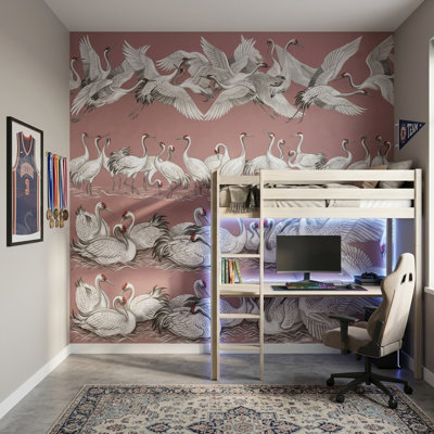 Red Crowned Wallpaper Cranes Vintage Illustration Removable Wall Decor