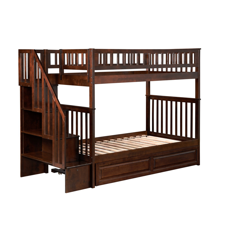 Henden Solid Wood Standard Staircase Bunk Bed with Twin Roll Out Trundle, Twin over Twin, Walnut