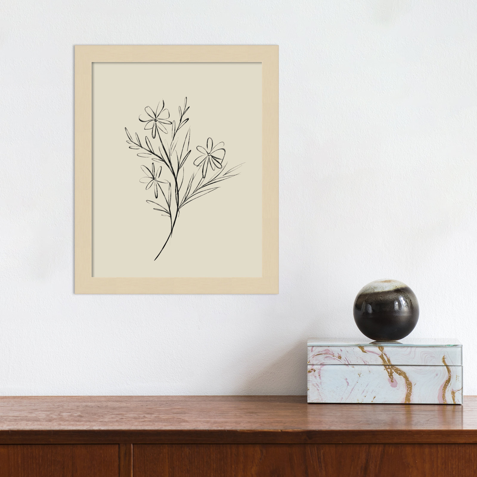 Line Drawn Flowers 1 by Border Bloom - Picture Frame Art, 11" W x 13" H x 1" D, Brown Framed