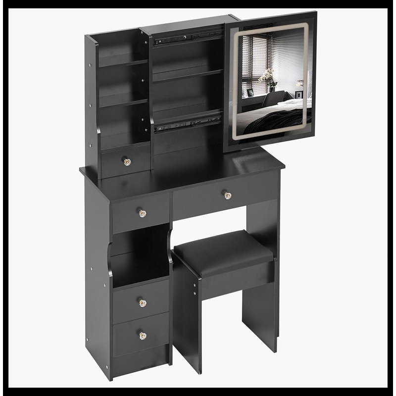 29.2" Small Size Left Drawer Desktop Vanity Table + Cushioned Stool, Large Sliding, Touch Control, Tri-Color Switching, Brightness Adjust LED Mirror, High Capacity Storage, Suitable For Small Space