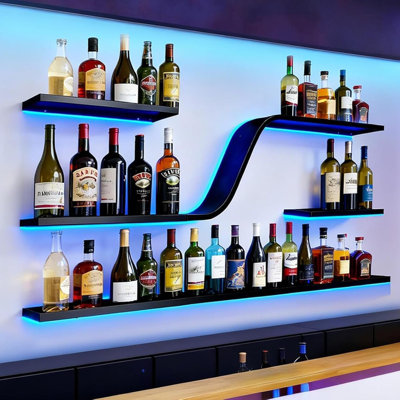Modern Wall Mounted Wine Rack With Blue LED Light, 3-Tiers Metal Curved Bar Liquor Bottles Display Shelf, Large Floating Bar Shelves Storage For Home