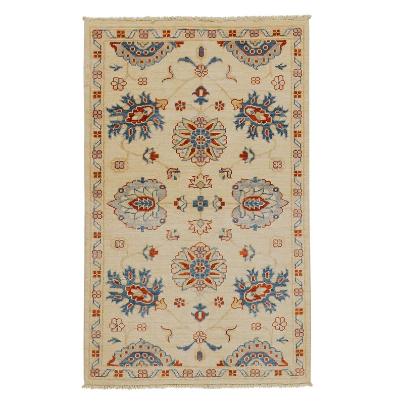 Tapis beige / bleu en laine et coton fait à la main
