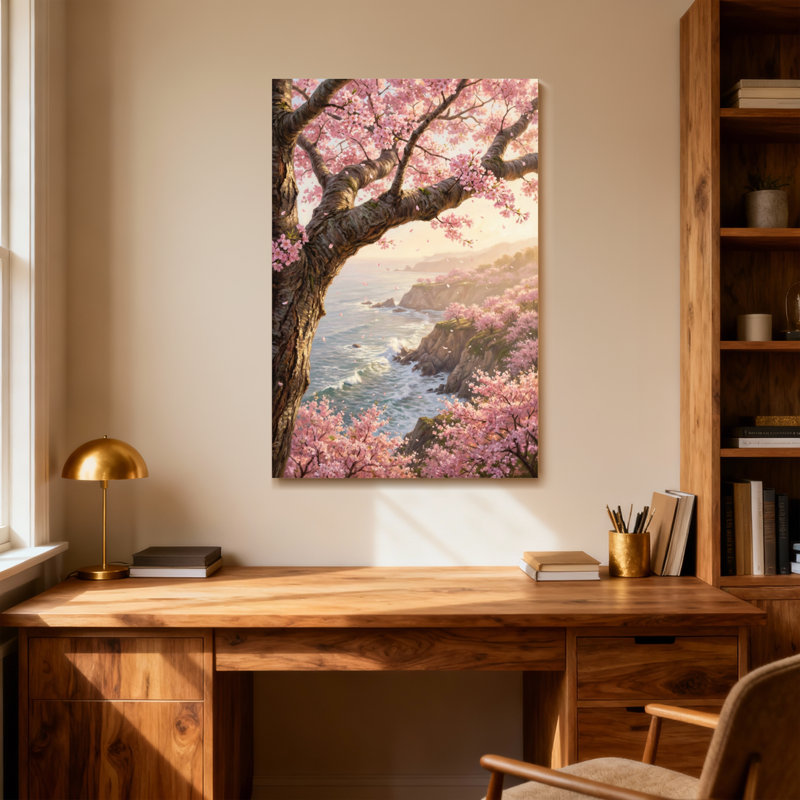 Plantes et fleurs de cerisier en fleurs avec vue sur la côte, H 40 po x l 28 po