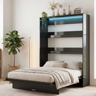 Queen Murphy Wall Bed With Built in Storage Shelf & LED Lights,Space-Saving,Black