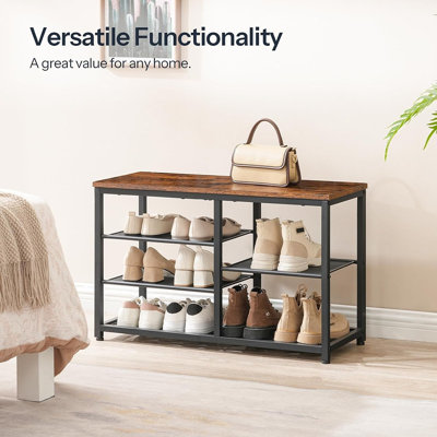 5-Tier Shoe Storage Bench with Mesh Shelves, 31.5" Industrial Entryway Organizer, Rustic Brown & Black, 11" D x 31.5" W x 19.7" H