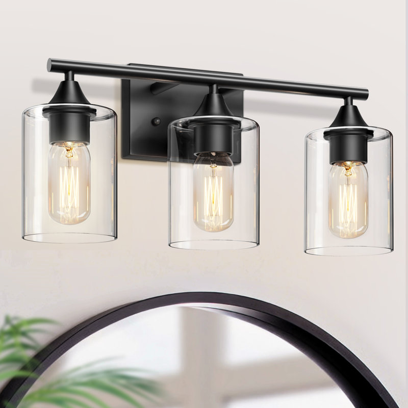 Luminaire de meuble-lavabo industriel avec abat-jour cylindrique en verre transparent, Matte Black, 3