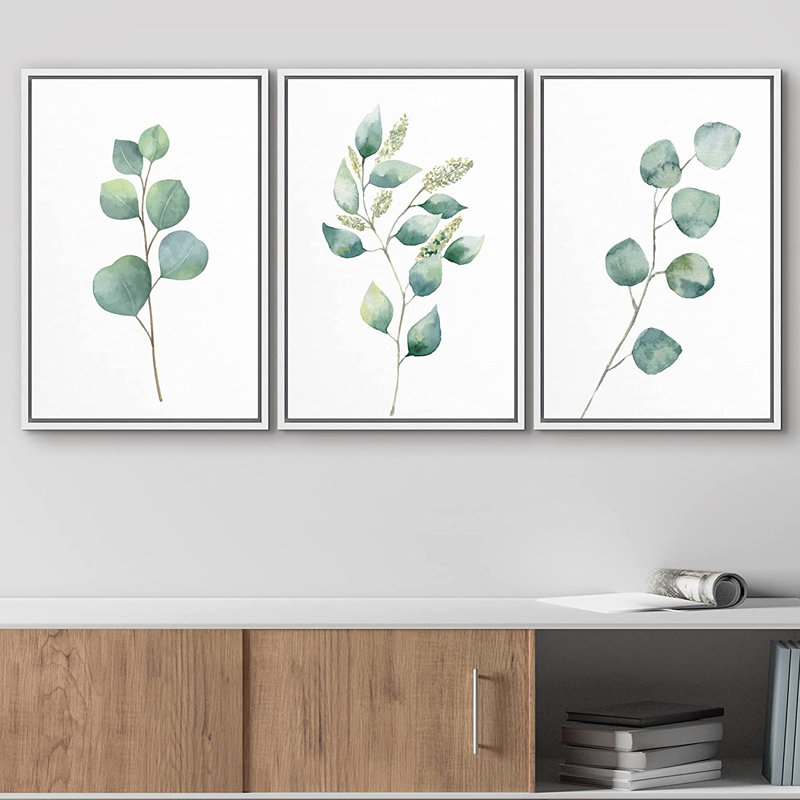 Minimal Botanical " IDEA4WALL Canvas Print Wall Art Set Green Watercolor Forest Leaf Collage Nature Floral Illustrations Realism Rustic Scenic Colorful Wilderness for Living Room, Bedroom, Office " 3 Piece Art Print
