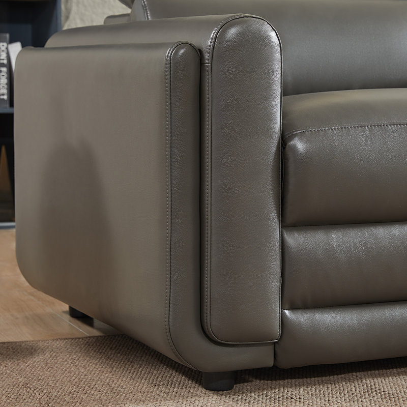Très grand canapé modulaire inclinable électrique double à 5 places avec console / porte-gobelets, haut-parleurs Bluetooth et rangement, revêtement Leathaire, gris foncé