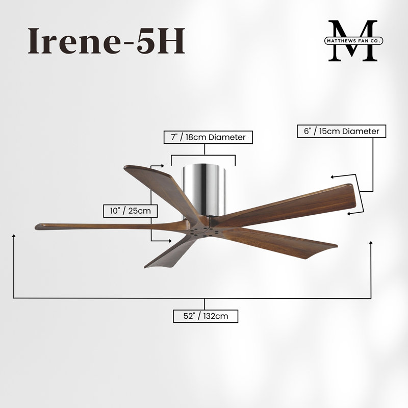 60" Irene 5-Blade Hugger Ceiling Fan with Wall Remote, 52", Polished Chrome, Walnut Tone