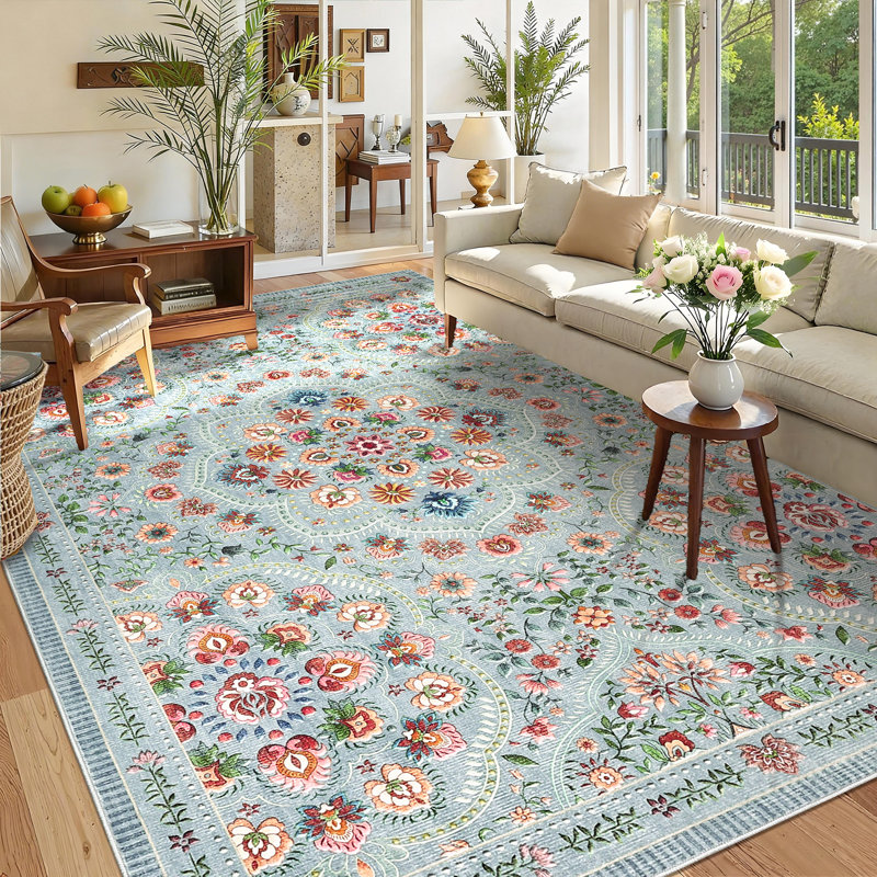 Floral 10x13 Washable Rug for Living Room Farmhouse Non Slip Area Rug for Bedroom Nursery Rugs for Dining Room Grey Green