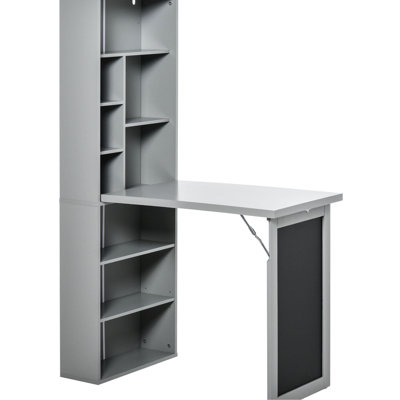Grey Desk Cabinet With Storage Space And Side Shelf - Multi-functional Workstation Foldable Construction Writing Blackboard Ample