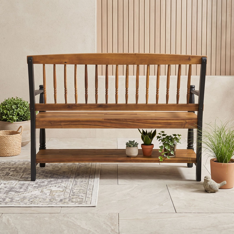 Banc de rangement en bois d'acacia avec tablette intégrée, détails sculptés à la main et cadre robuste pour le hall d'entrée