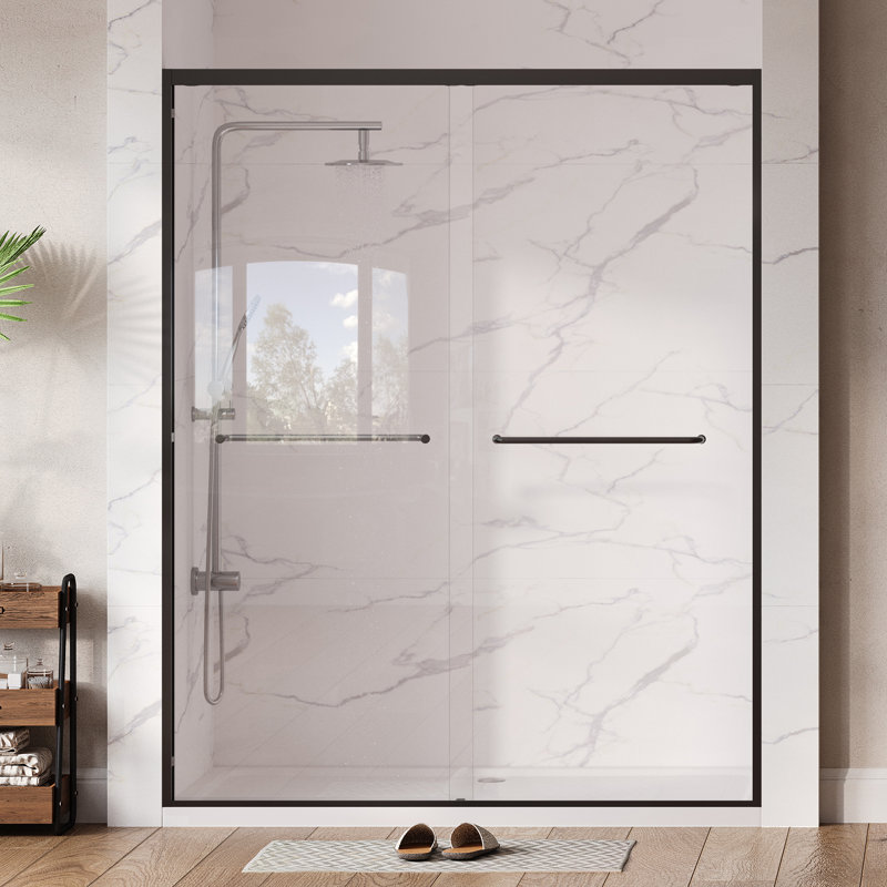 Shower Door 55-60 Inch Adjustable Width, 72 Inch Height x 1/4 Inch Tempered Glass, Black Frameless Sliding Bathroom Door, Black