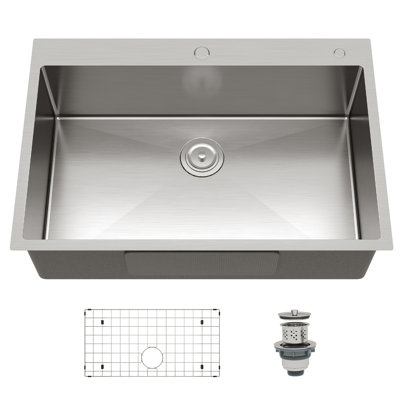 Undermount Kitchen Sink, Stainless Steel Single Bowl with Reveal Rim, 2.0cm Thick Rim 1.0mm Wall, Brushed Bottom Rack and Drain Assembly