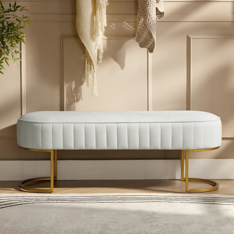 Ferdinand Lawanda 46" Modern Polyester Upholstered Bench with Channel-Tufted Cushion and Metal Base, Ivory