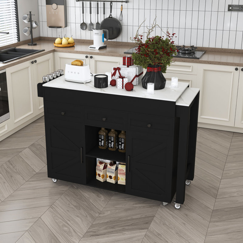 Îlot de cuisine 74,8 po avec table de salle à manger extensible, plateau en placage de marbre et prise de courant intégrée - Chariot de rangement mobile avec 3 tiroirs et armoire, chariot de cuisine roulant pour la salle à manger, noir