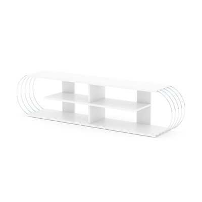 Meuble télé Mid-Century moderne de 68 po, rangement ouvert avec 4 tablettes, blanc / charme, meuble de rangement en bois massif pour téléviseur, style, centre de divertissement en blanc / fabriqué