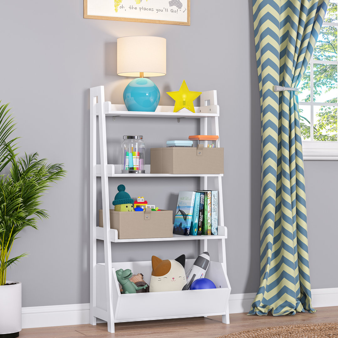 RiverRidge Kids 4-Tier 24in Ladder Shelf Toy Organizer and Book Storage with 3 Open Display Shelves- White with Two 5" Fabric Bins RiverRidge Home