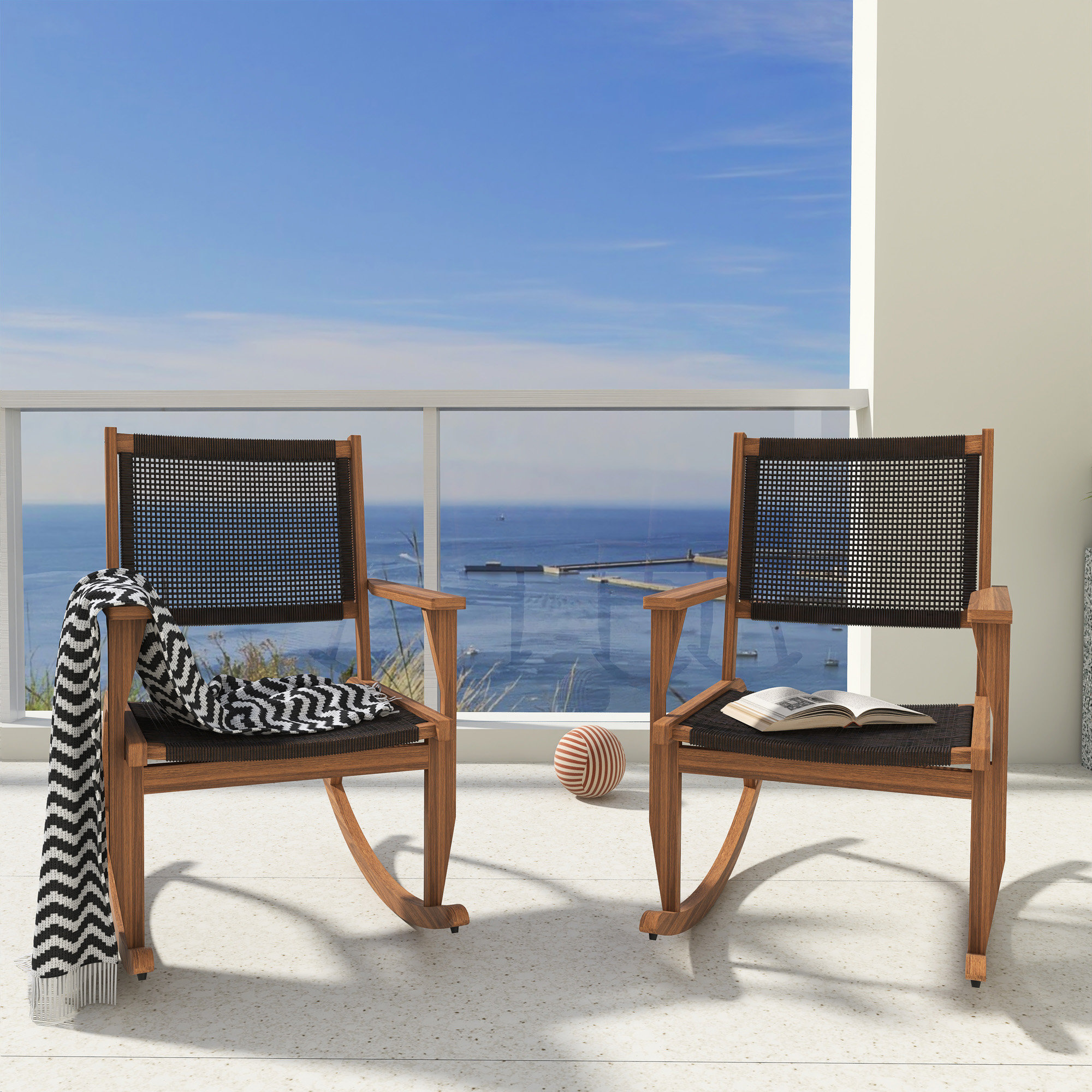 Gracie Oaks 2 Person Wood Wicker Outdoor Rocking Chair Set | Wayfair