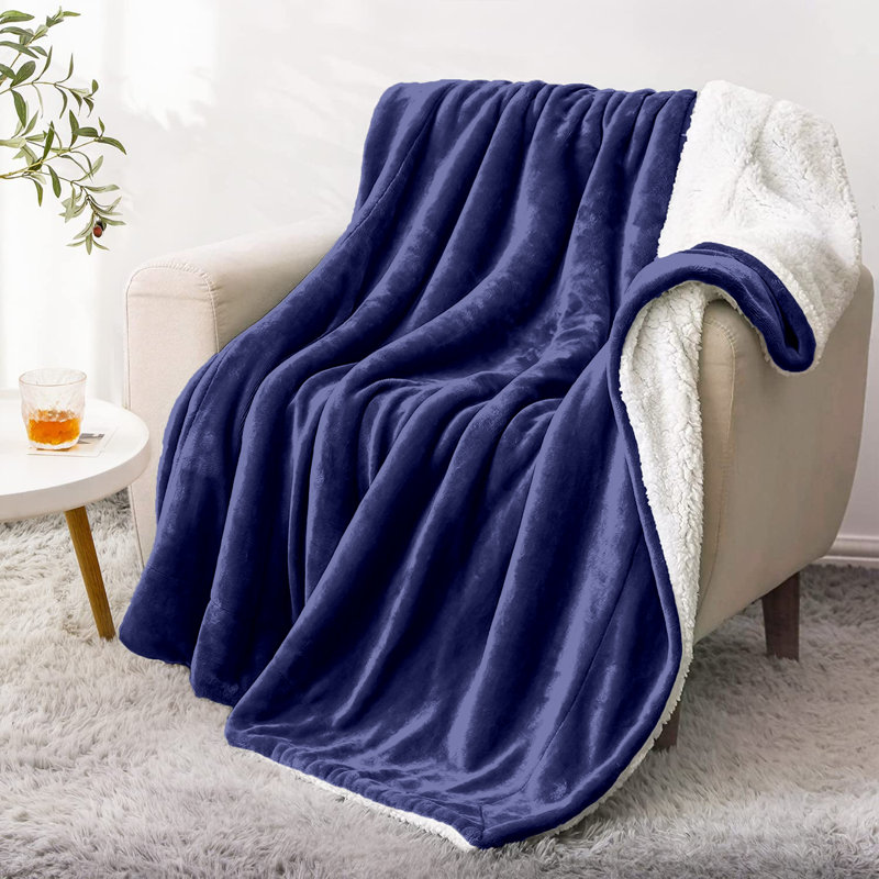 Sherpa Fleece Fur Thick Reversible Blanket Throw, 240cm x 200cm, Navy Blue