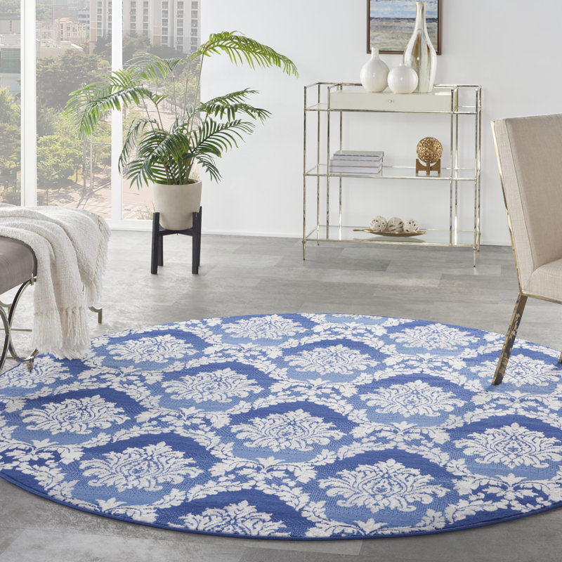 Tapis oriental bleu / blanc en polypropylène tissé à la machine Gula, Rond 8 pi