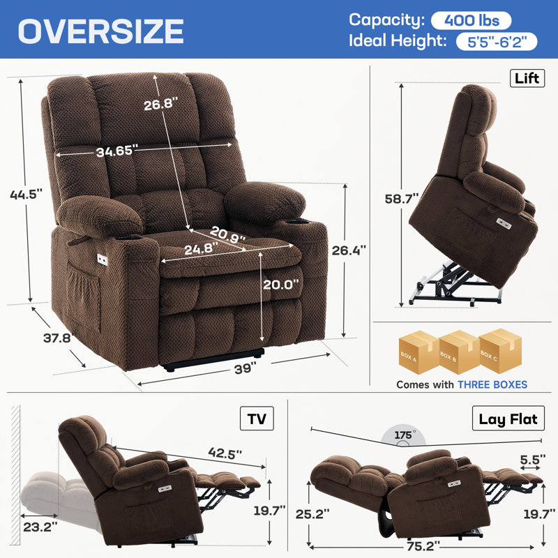 Dual Motor Power Lift Chair Recliner for Elderly with Massage and Heat, Infinite Position Electric Lift Recliner with Adjustable Headrest, USB (T6015 - Plush Fabric, Dark Brown, Oversized)