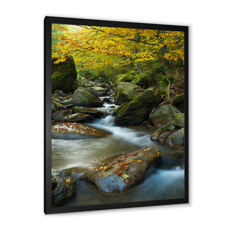 «Beautiful Summer Forest Waterfall II», œuvre d'art traditionnelle sur toile, Toile avec cadre noir