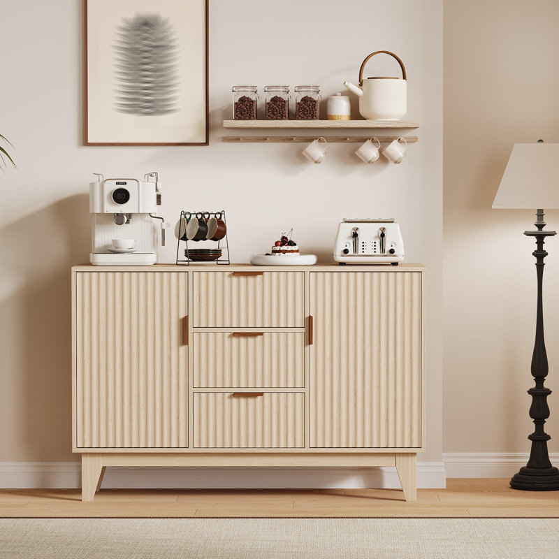 47.2 in Large Coffee Bar Kitchen Sideboard Cupboard Fluted Buffet Storage Cabinet with 3 Drawers 2 Doors for Living Room Entryway, Oak