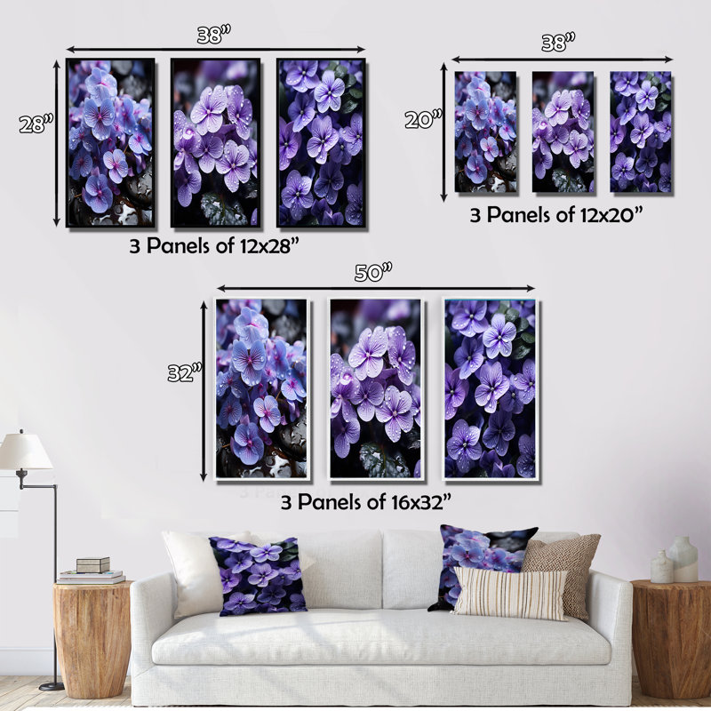 «Violets Whispering Photo», 3 pièces sur toile, Toile tendue, H 20 po x l 36 po