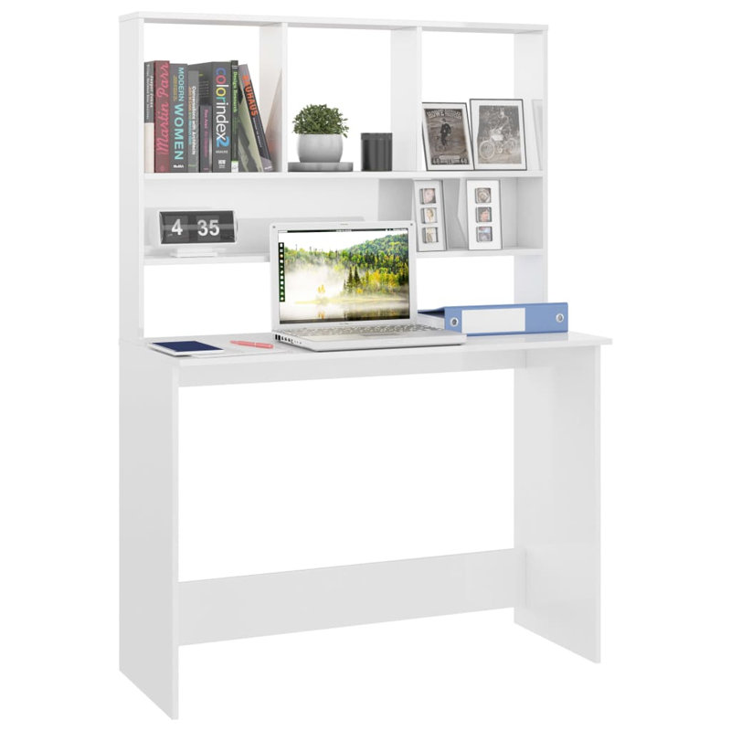 Charlsea Desk Computer Desk Home Office Desk with Bookshelves Engineered Wood, High Gloss White