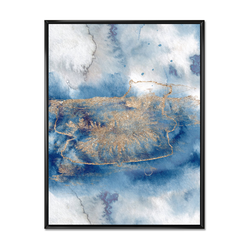 Abstrait classique bleu et or I - peinture sur toile, H 40 po x l 30 po, Cadre flottant noir