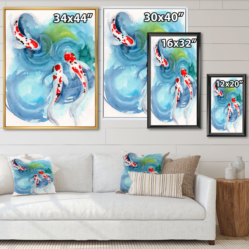 Trois poissons Koi avec taches rouges dans l'eau bleue - peinture sur toile, Cadre flottant noir, H 20 po x l 12 po x P 1 po