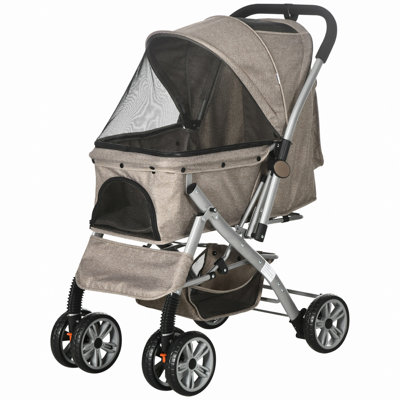Poussette pour petits chats, poussette pliable pour animaux en un clic à 4 roues avec roues pivotantes, frein, rangement pour panier, ceintures de sécurité, auvent réglable, porte de fenêtre en filet à fermeture à glissière, brun