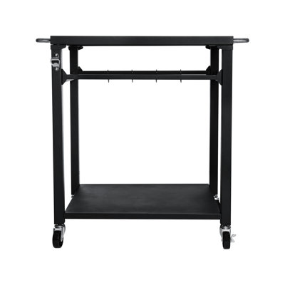 Chariot de barbecue roulant noir avec 2 roues verrouillables et crochets pour outils, idéal pour la terrasse, le jardin, le four à pizza, étagères spacieuses pour l'organisation et le service extérieur.