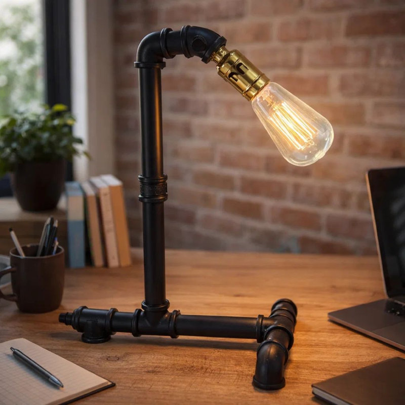 Lampe de bureau, style industriel avec tuyau Steampunk, métal noir mat