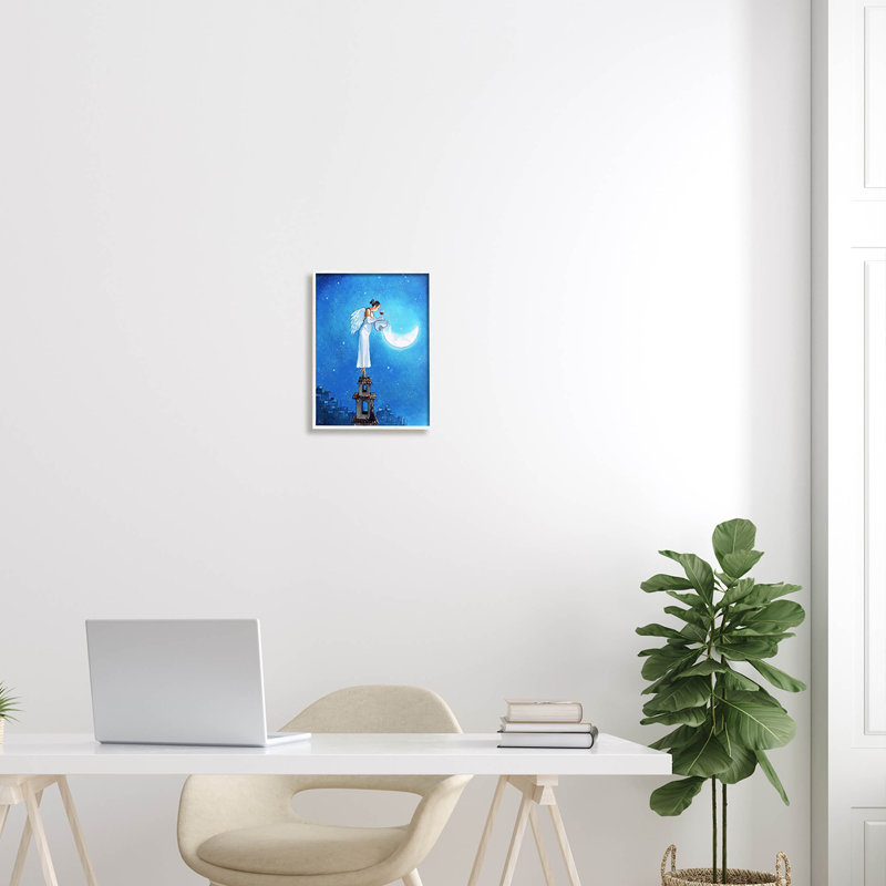 Ange versant la lune, paysage urbain encadré, estampe numérique par Ronald West, H 14 po x l 11 po x P 1,5 po