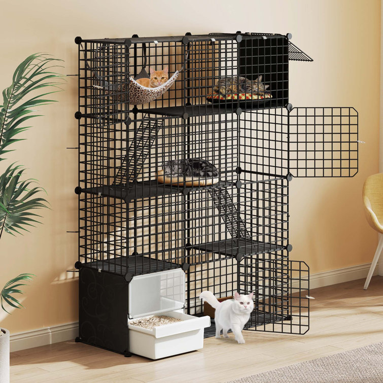 Tucker Murphy Pet™ 3-Tier Enclosed Cat Habitat W/Built-In Litter Box, Indoor Multi-Level Customizable Playground For Cats, Ample Play Space For 1-3 Felines, Black
