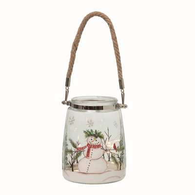 Grand bonhomme de neige en verre avec lanterne cardinal en verre