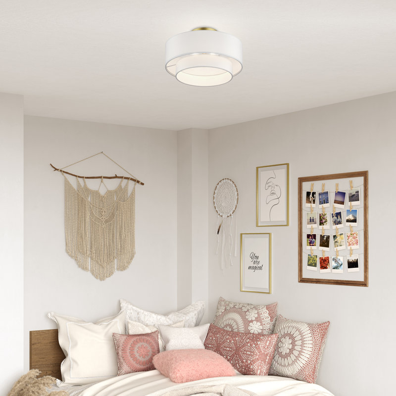 3 Light Soft Gold Large Semi-Flush With Hand Crafted Off-White Color Fabric Hardback Shades, Soft Gold