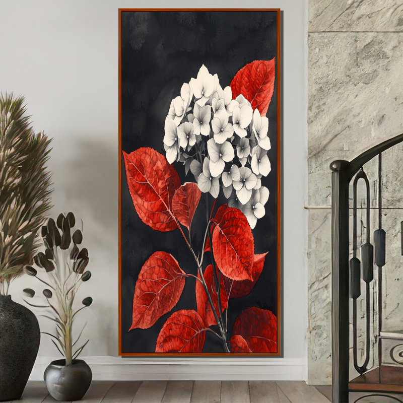 Hortensias monochromes avec feuilles rouges II - hydrangées grand art mural, H 60 po x l 28 po, Brun