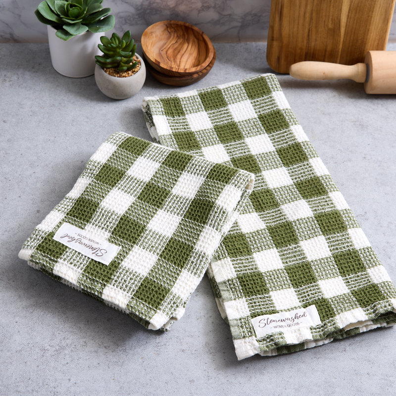  Ensemble de 2 serviettes de toilette gaufrées délavées, damier olive, Vert