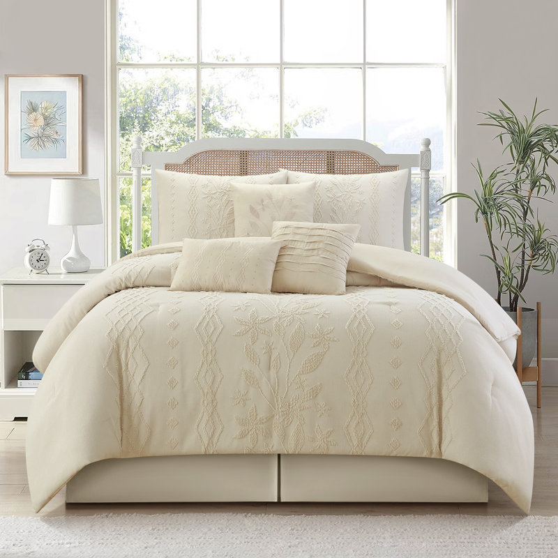 Amalthea 7 Piece Botanical Comforter Set, Beige, Queen Comforter + 6 Additional Pieces